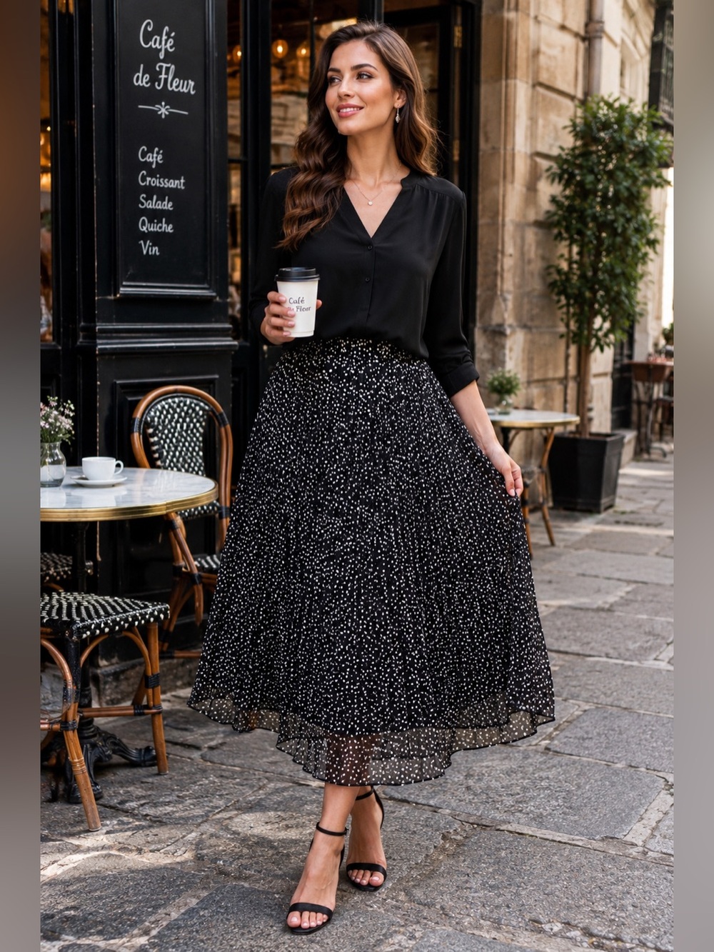 WD.NY Black & White Polka Dot Pleated Midi Skirt XL | Flowy Lined Elastic Waist